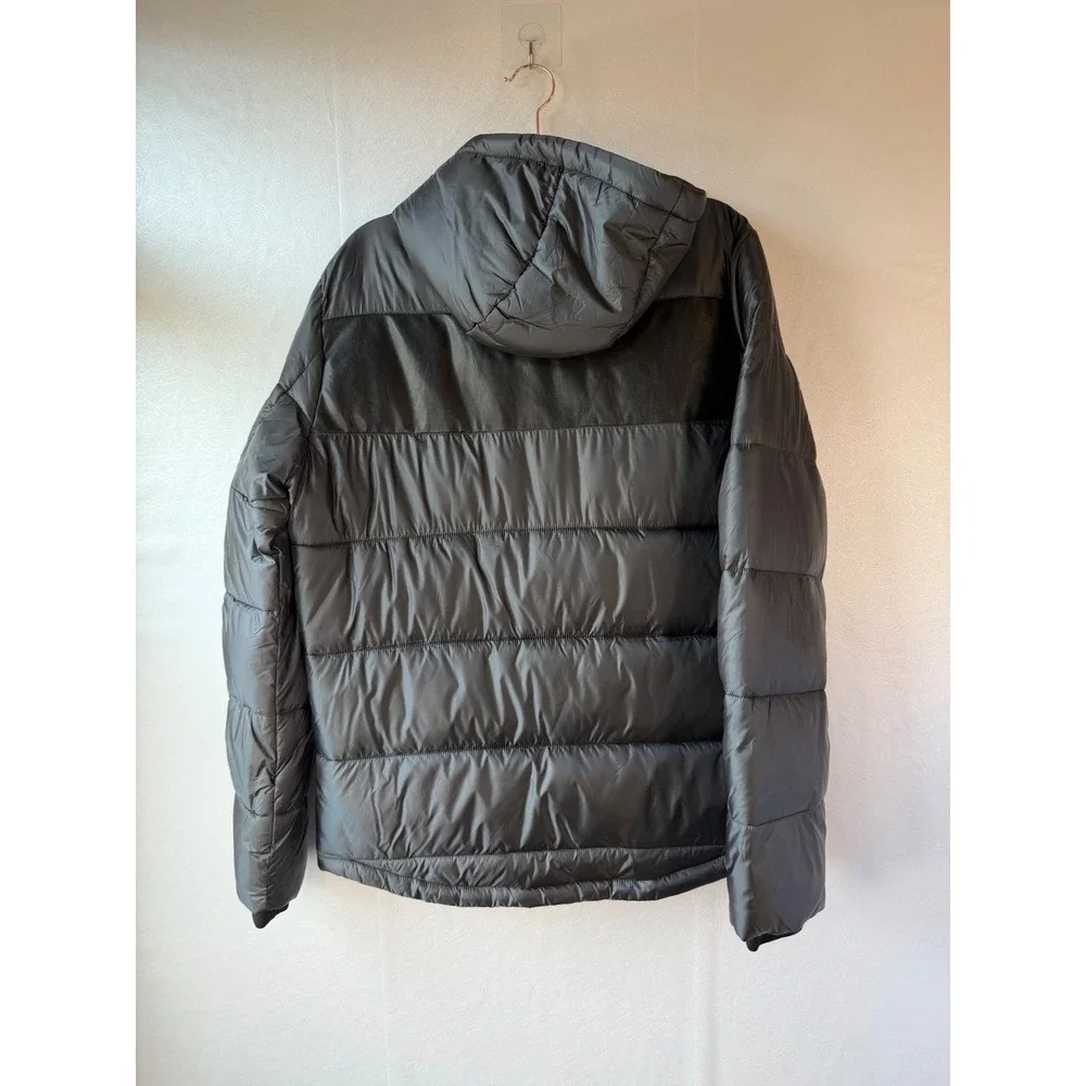 Marciano Los Angeles Mens Black Puffer Jacket Hooded Faux Leather Panel Size L‎